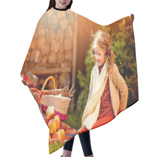 Personality  Happy Child Girl In White Knitted Scarf With Red Apples In Sunny Autumn Garden Hair Cutting Cape