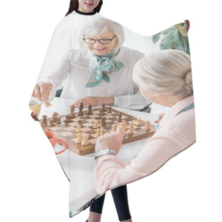 Personality  Senior Women Playing Chess And Drinking Coffee In Nursing Home Hair Cutting Cape