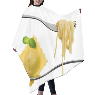 Personality  Ravioli Pasta Parcel And Spaghetti On Fork White Background Hair Cutting Cape