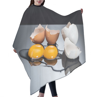 Personality  Raw Smashed Chicken Eggs With Yolks, Proteins And Eggshell Isolated On Black Hair Cutting Cape