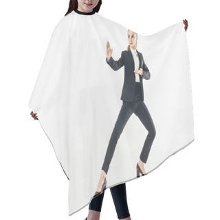 Personality  Businesswoman In Suit Standing In Karate Position And Looking Away Isolated On White Hair Cutting Cape