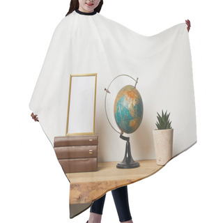 Personality  Frame On Books Near Globe And Green Plant In Pot  Hair Cutting Cape
