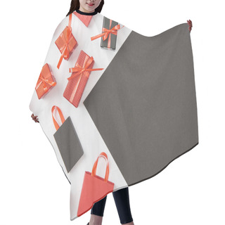 Personality  Top View Of Decorative Gift Boxes And Shopping Bags On White, Black Background With Copy Space Hair Cutting Cape