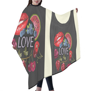 Personality  Embroidery Lips, Cherry, Roses And Watermelon Slice Hair Cutting Cape