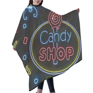 Personality  Neon Letters Candy Shop With Neon Lighting On The Glass, The Concept Of A Cafe And Coffee, And Sweets Glowing Neon Lettering And Stylized,. Vintage Image In Dark Tones. Hair Cutting Cape
