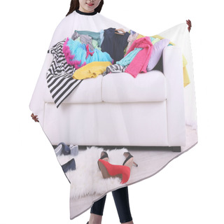 Personality  Messy Colorful Clothing On  Sofa On Light Background Hair Cutting Cape