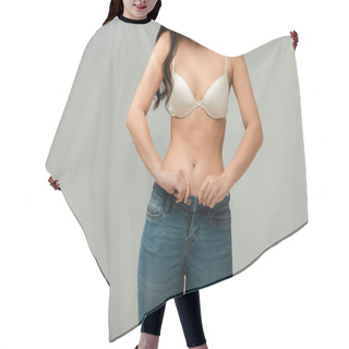 Personality  Cropped View Of Overweight Girl Wearing Jeans Isolated On Grey Hair Cutting Cape