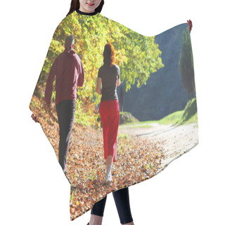 Personality  Woman And Man Walking Cross Country Trail In Autumn Forest Hair Cutting Cape