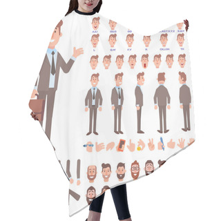 Personality  Front, Side, Back View Animated Character. Business Man Character Creation Set With Various Views, Hairstyles, Face Emotions, Poses And Gestures. Cartoon Style, Flat Vector Illustration. Hair Cutting Cape
