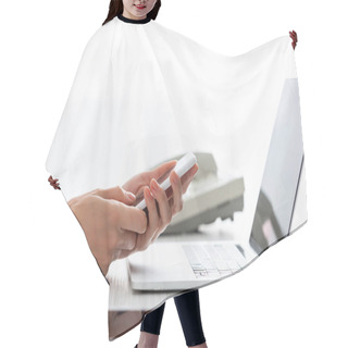 Personality  Cropped View Of Businesswoman Using Smartphone Near Digital Tablet And Laptop On Table Hair Cutting Cape