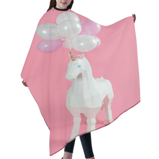 Personality  Toy Unicorn Under Pink And White Balloons On Pink Background Hair Cutting Cape