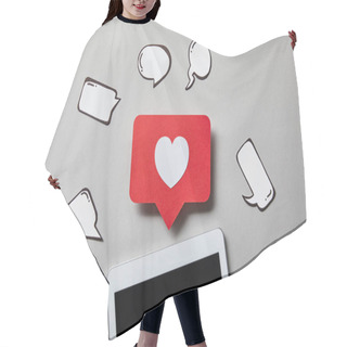 Personality  Digital Tablet With Paper Like Sign, Thought And Speech Bubbles On White Surface Hair Cutting Cape