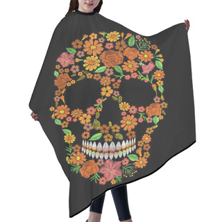 Personality  Embroidery Skull Face Orange Flower Texture Mexican Patch. Textile Print Embroidered Stitch. Dia De Los Muertos Day Of The Dead Or Halloween Card Vector Illustration Background. Hair Cutting Cape