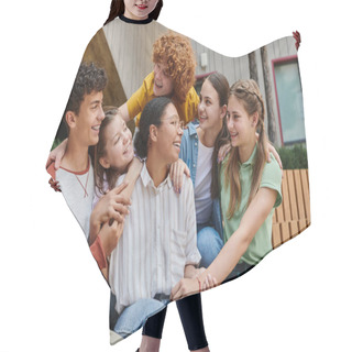 Personality  Cultural Diversity, Back To School Happy African American Woman Hugging With Teenage Students Hair Cutting Cape