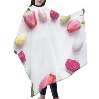 Personality  Decorative Easter Eggs And Tulips Arranged In Circle. White Background. Holiday Decorations, Easter Concept Background. Top View, Flat Lay.  Hair Cutting Cape