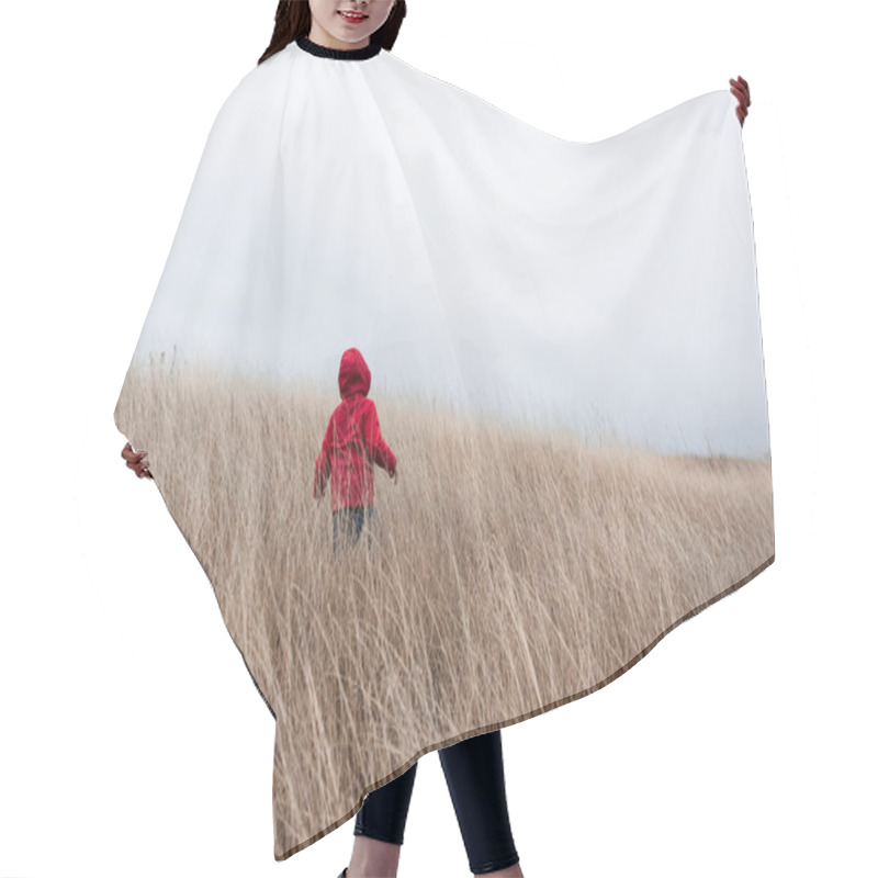Personality  Little boy walking in dry grass  hair cutting cape