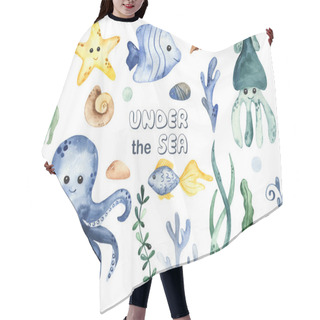 Personality  Underwater Creatures Squid, Octopus, Starfish, Corals, Algae, Shells. Watercolor Hand Drawn Clipart Hair Cutting Cape