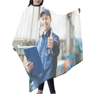 Personality  Worker In Factory Showing Thumbs Up Hair Cutting Cape