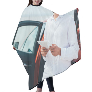 Personality  Cropped View Of Man In White Shirt Using Digital Device Outside  Hair Cutting Cape