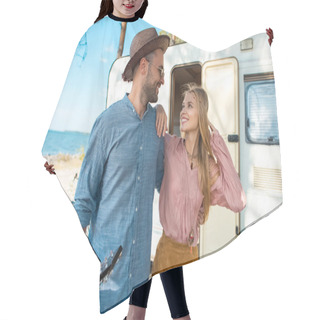 Personality  Hippie Couple Hugging And Walking Near Campervan Hair Cutting Cape
