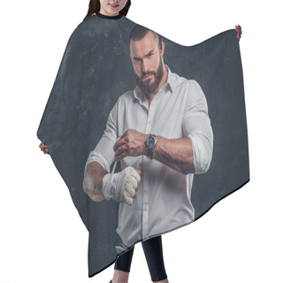 Personality  Portrait Of Cheeky Bearded Man With Boxing Gloves Hair Cutting Cape