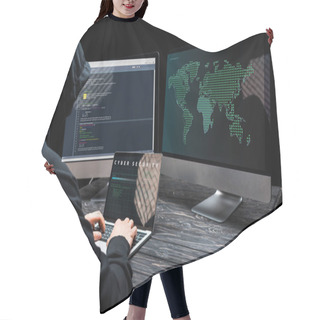 Personality  Hacker Using Laptop With Cyber Security Lettering On Screen Near Computer Monitors On Black  Hair Cutting Cape
