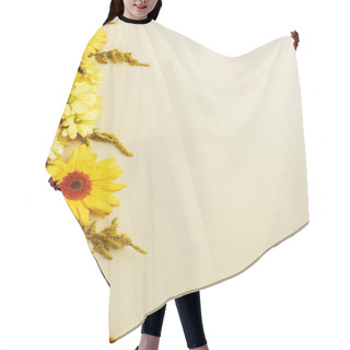 Personality  Flat Lay With Various Beautiful Flowers Arrangement On Beige Backdrop Hair Cutting Cape