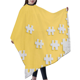 Personality  Top View Of Unfinished Jigsaw Near Connected White Puzzle Pieces Isolated On Yellow  Hair Cutting Cape