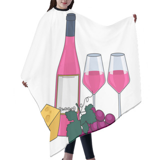 Personality  Bottle Of Rose Wine, Wine In Glasses, Cheese And Grapes. With An Outline. Vector Graphic. Hair Cutting Cape