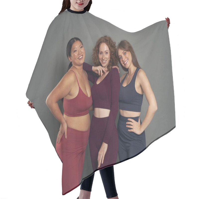 Personality  Portrait Of Of Three Young Women In Sports Clothes In Studio Shot Hair Cutting Cape