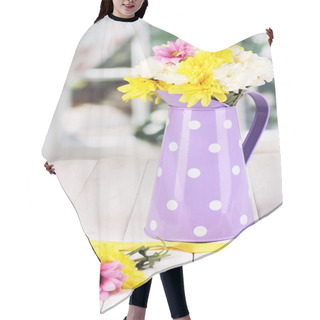 Personality  Purple Pitcher Of Peas With Flowers On Wooden Table On Window Background Hair Cutting Cape