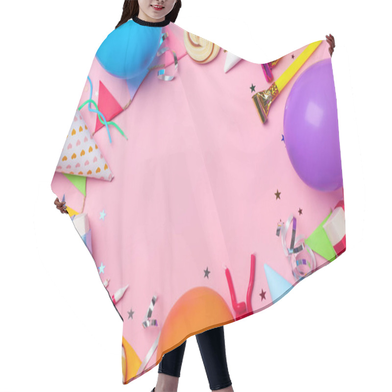Personality  Flat Lay Composition With Birthday Party Items On Color Background Hair Cutting Cape