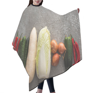 Personality  Top View Of Chili Peppers, Cucumbers, Daikon Radish, Chinese Cabbage And Onions On Grey Concrete Background Hair Cutting Cape