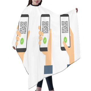 Personality  Hands Hold Smartphone With Vaccine Passport. Green Immunity Certificate. Health Passport On Digital Screen With Qr Code. Flat Style. Vector Illustration Hair Cutting Cape