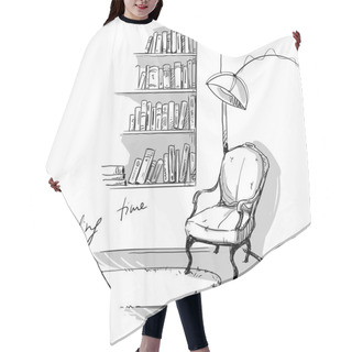 Personality  Reading Time. A Quiet Cozy Corner At Home, Bookshelves And A Chair Hair Cutting Cape