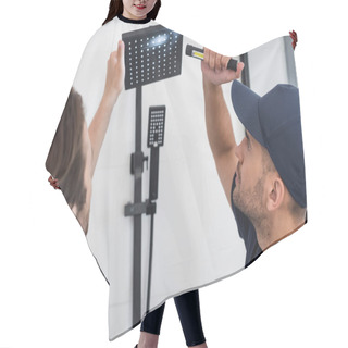 Personality  Plumber Checking Shower Head In Bathroom With Flashlight Hair Cutting Cape