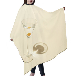 Personality  Transparent Glass With Cocktail And Olive On Beige Background Hair Cutting Cape