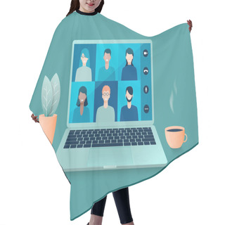 Personality  Online Video Conference Or Distance Learning, Working At Home With A Laptop. Vector Illustration. Hair Cutting Cape