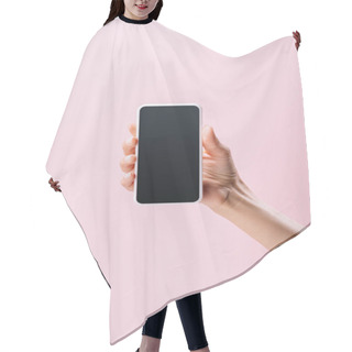 Personality  Cropped Shot Of Woman Holding Smartphone With Blank Screen Isolated On Pink Hair Cutting Cape