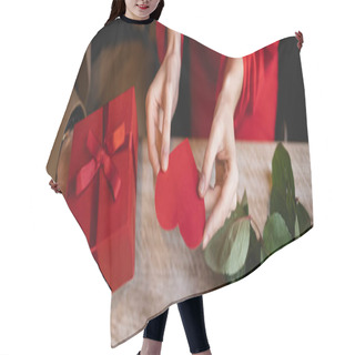 Personality  Top View Of Cropped Man Holding Present Near Girlfriend With Red Heart-shaped Greeting Card On Valentines Day, Banner  Hair Cutting Cape