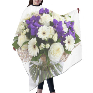 Personality  Floral Composition In Transparent Vase: White Roses, Violet Orchids, White Gerbera Daisies, Green Peas. Isolated On White. Floristic Composition, Design Bouquet, Floral Arrangement. Purple Orchids. Hair Cutting Cape