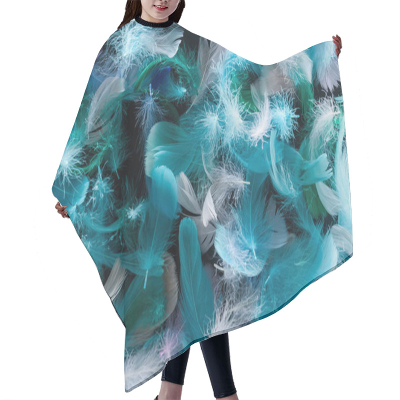 Personality  Seamless Background With Bright Blue, Green And Turquoise Lightweight Feathers Isolated On Black Hair Cutting Cape