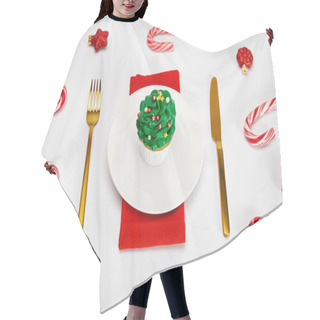 Personality  Delicious Cupcake On White Plate With Golden Cutlery, Candies, Baubles And Red Napkin On White Surface Hair Cutting Cape