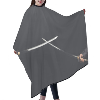 Personality  Cropped Shot Of Samurai With Crossed Swords Isolated On Black Hair Cutting Cape