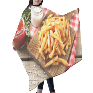 Personality  Tasty French Fries On Cutting Board, On Wooden Table Background Hair Cutting Cape
