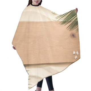Personality  Top View Of Palm Leaves, Wooden Plank And Seashells On Sandy Surface Hair Cutting Cape