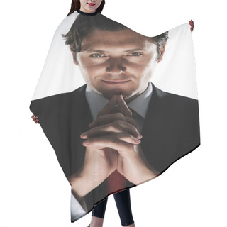 Personality  Portrait Of A Sly Man Hair Cutting Cape