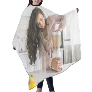 Personality  Attractive Pregnant Woman Preparing Tasty Smoothie In Blender  Hair Cutting Cape