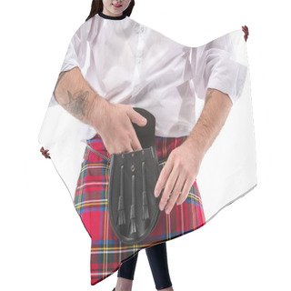 Personality  Cropped View Of Scottish Man In Red Kilt Putting Hand In Leather Belt Bag Isolated On White Hair Cutting Cape