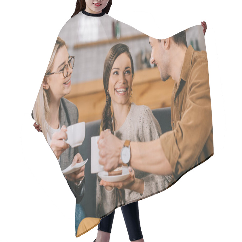 Personality  Cheerful Friends Chatting While Holding Cups In Cafe Hair Cutting Cape